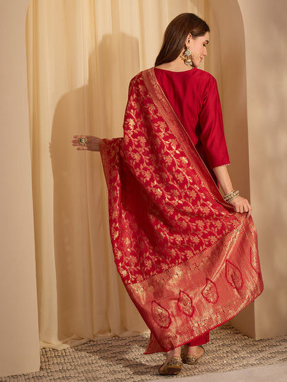 Janasya Women's Maroon Silk Blend Zari Yoke Embroidered Straight Kurta Set with Jacquard Dupatta