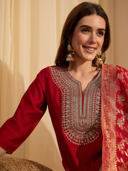 Janasya Women's Maroon Silk Blend Zari Yoke Embroidered Straight Kurta Set with Jacquard Dupatta