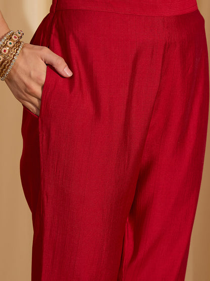 Janasya Women's Maroon Silk Blend Zari Yoke Embroidered Straight Kurta Set with Jacquard Dupatta