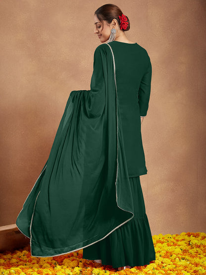 Janasya Women's Dark Green Georgette Zari Embroidered Straight Kurta With Palazzo & Dupatta Set