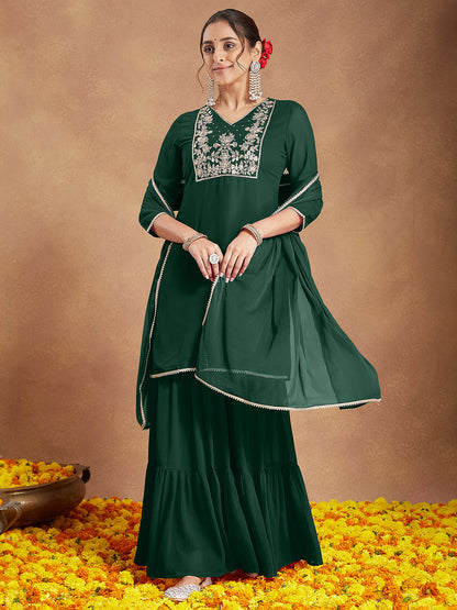 Janasya Women's Dark Green Georgette Zari Embroidered Straight Kurta With Palazzo & Dupatta Set