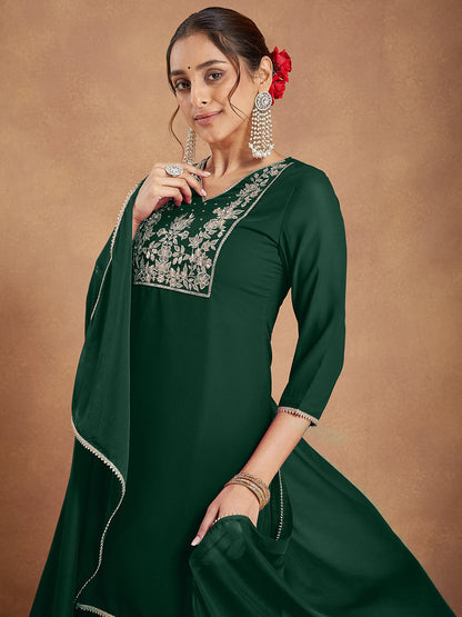 Janasya Women's Dark Green Georgette Zari Embroidered Straight Kurta With Palazzo & Dupatta Set