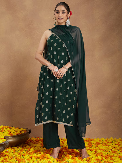 Janasya Women's Dark Green Rayon Embellished Foil Printed Straight Kurta Set