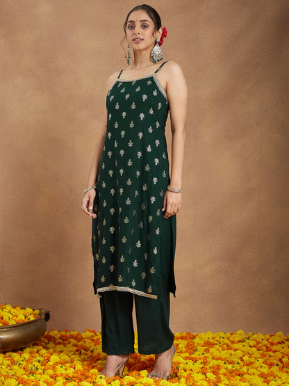 Janasya Women's Dark Green Rayon Embellished Foil Printed Straight Kurta Set