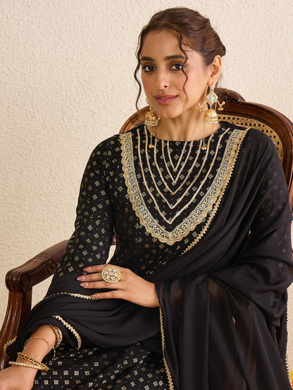 Janasya Women's Black Rayon Embellished Gold Foil Printed Anarkali Kurta Set