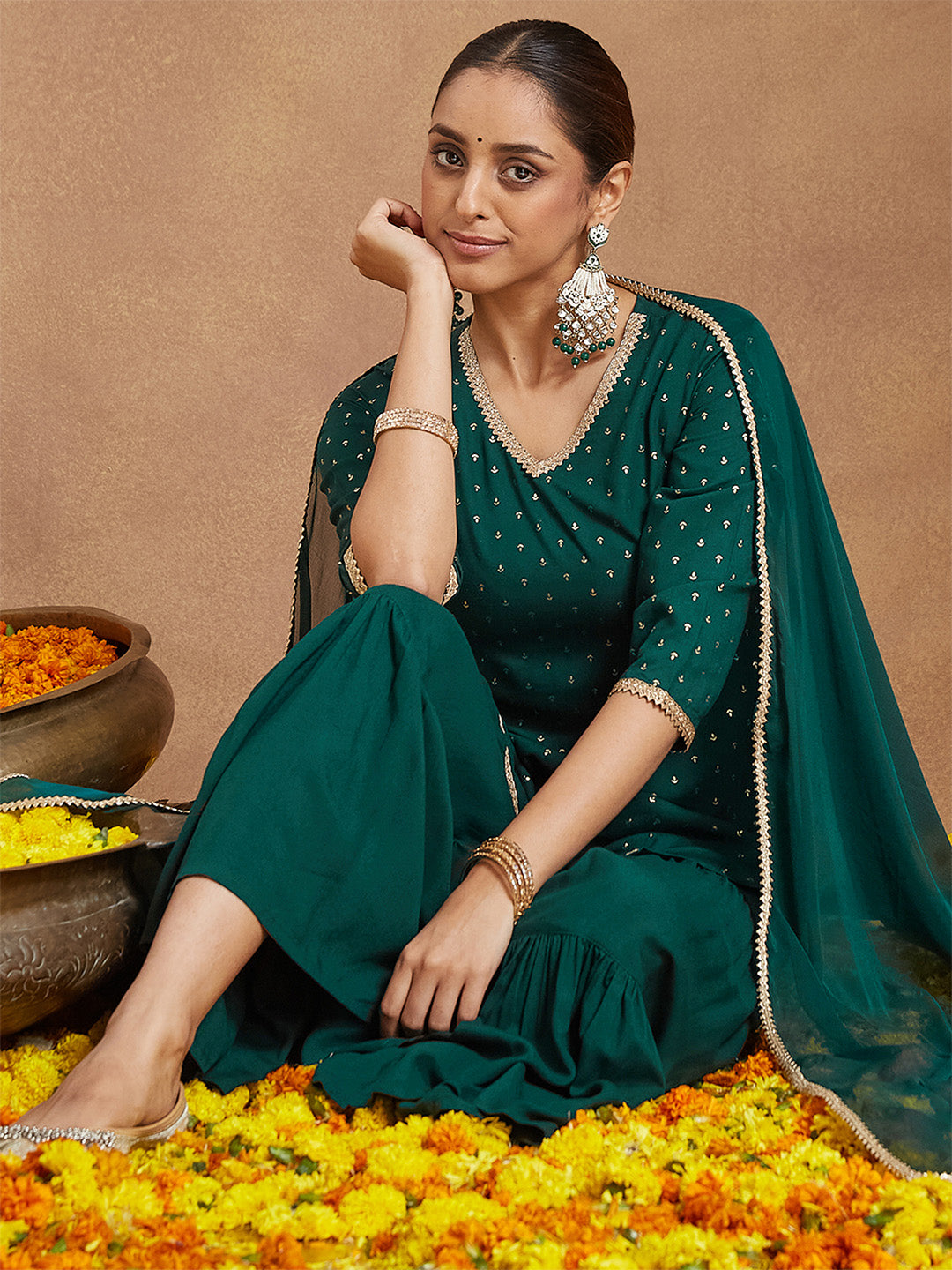 Janasya Women's Dark Green Rayon Embellished Foil Printed Kurta With Sharara & Dupatta Set