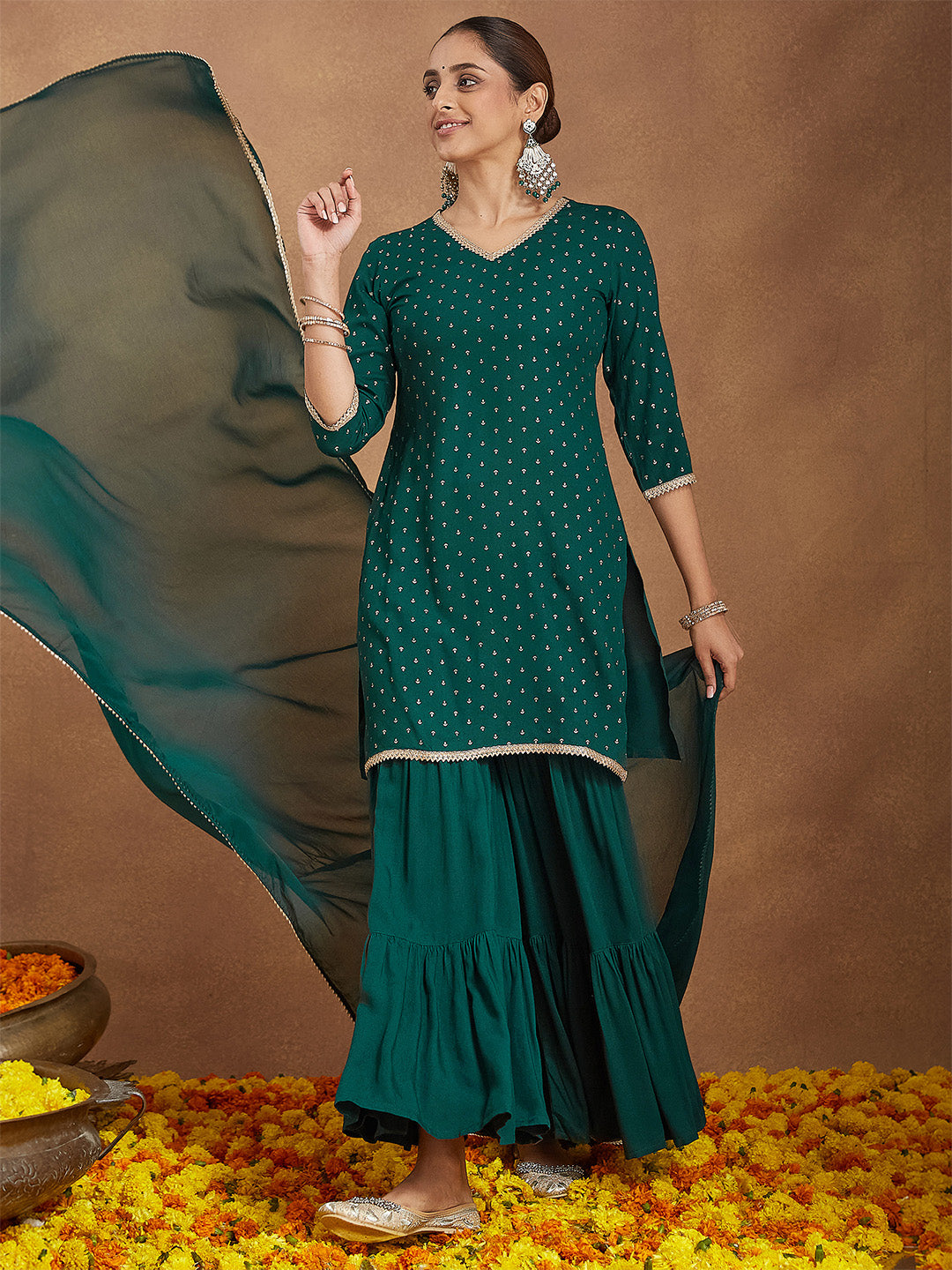 Janasya Women's Dark Green Rayon Embellished Foil Printed Kurta With Sharara & Dupatta Set