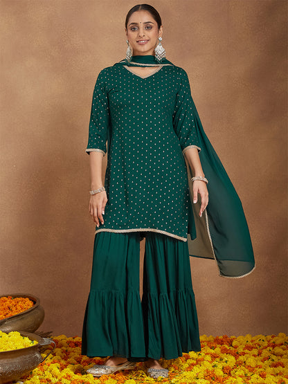 Janasya Women's Dark Green Rayon Embellished Foil Printed Kurta With Sharara & Dupatta Set