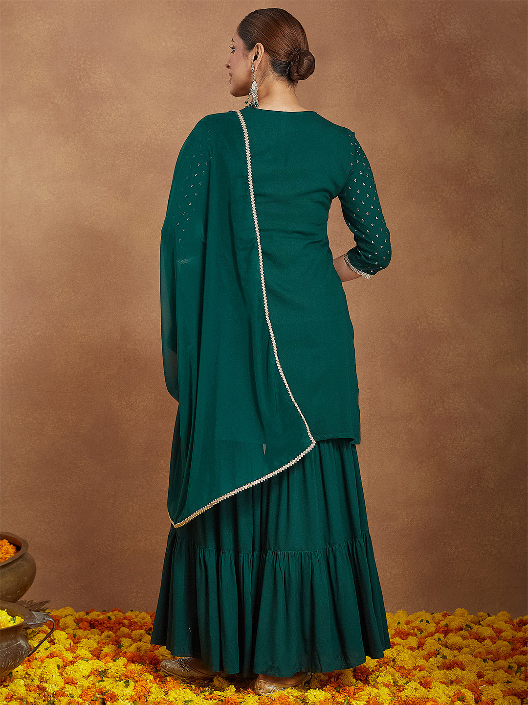 Janasya Women's Dark Green Rayon Embellished Foil Printed Kurta With Sharara & Dupatta Set