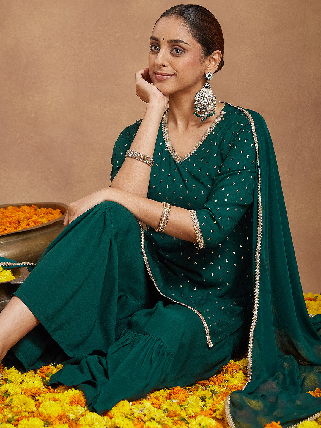 Janasya Women's Dark Green Rayon Embellished Foil Printed Kurta With Sharara & Dupatta Set