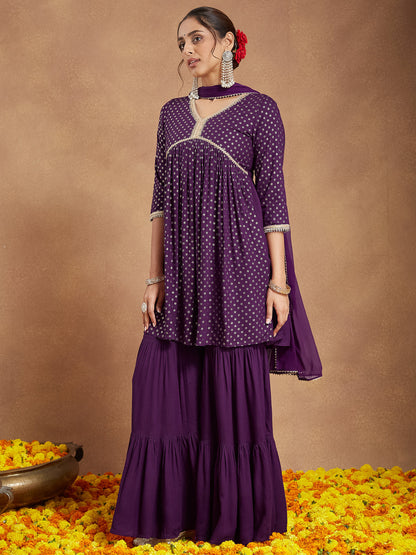 Janasya Women's Purple Rayon Gold Printed A-line Kurta With Sharara & Dupatta Set