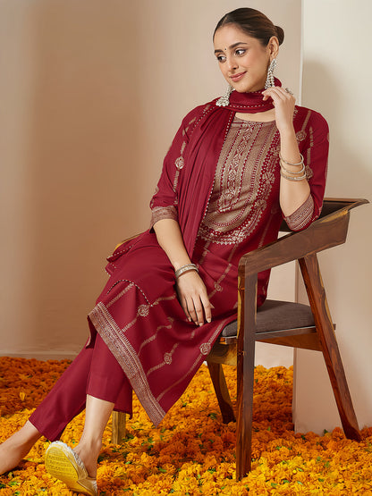 Janasya Women's Maroon Silk Blend Gold Printed Straight Kurta Set