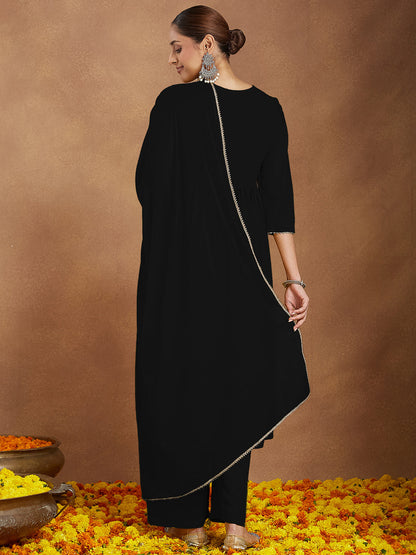 Janasya Women's Black Georgette Zari Yoke Embroidered A-line Kurta With Palazzo & Dupatta Set