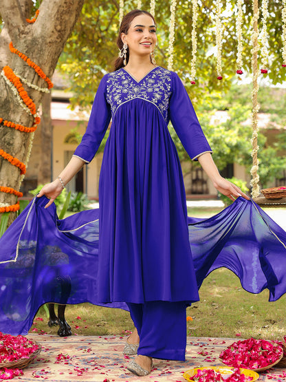 Janasya Women's Royal Blue Georgette Zari Yoke Embroidered A-line Kurta With Palazzo & Dupatta Set