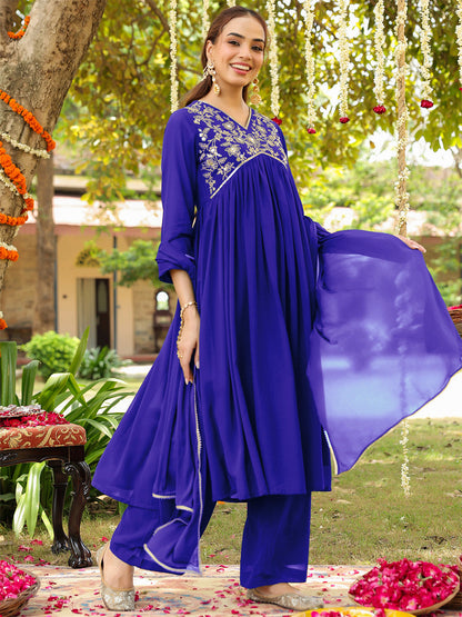 Janasya Women's Royal Blue Georgette Zari Yoke Embroidered A-line Kurta With Palazzo & Dupatta Set