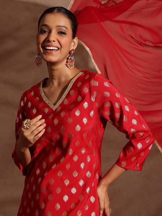 Janasya Women's Maroon Chanderi Silk Embellished Gold Printed Kurta With Sharara & Dupatta Set