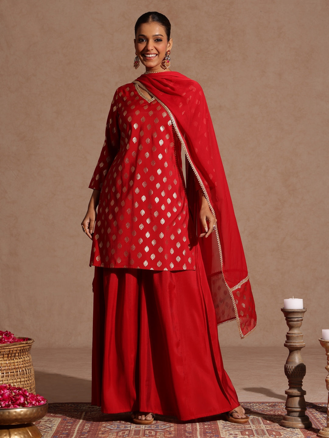 Janasya Women's Maroon Chanderi Silk Embellished Gold Printed Kurta With Sharara & Dupatta Set