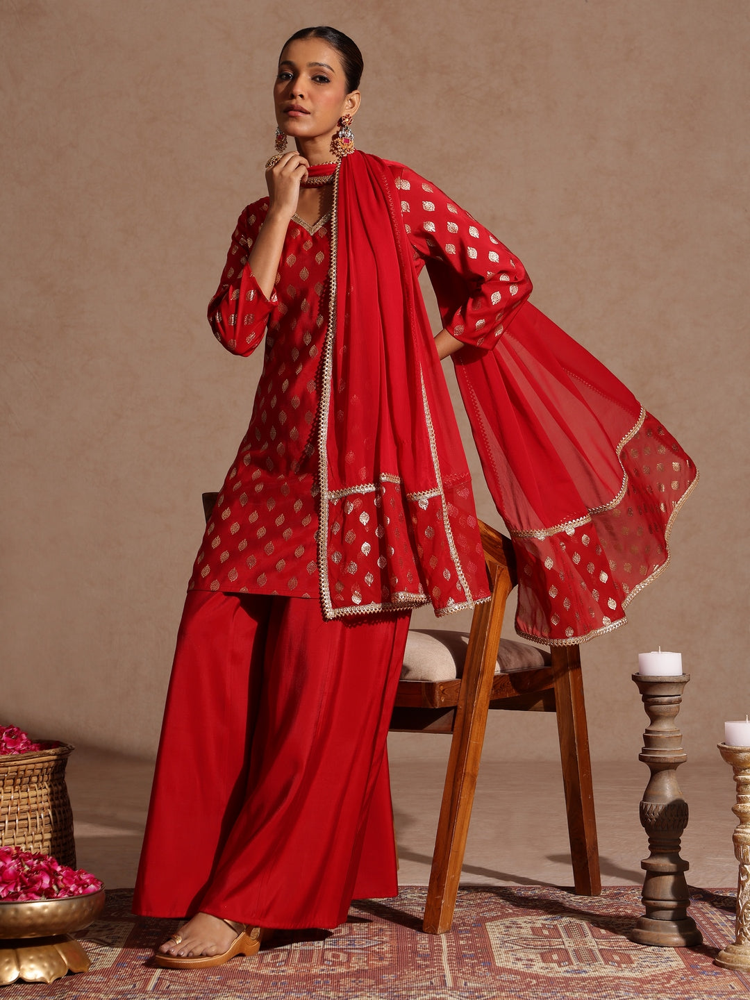 Janasya Women's Maroon Chanderi Silk Embellished Gold Printed Kurta With Sharara & Dupatta Set