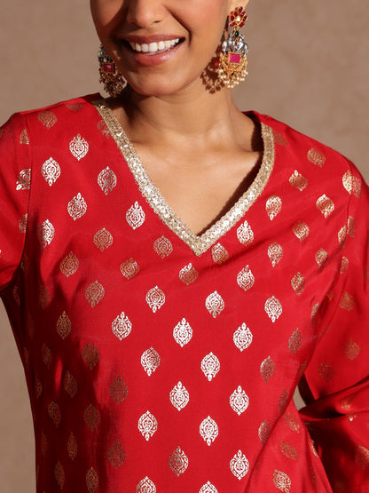 Janasya Women's Maroon Chanderi Silk Embellished Gold Printed Kurta With Sharara & Dupatta Set