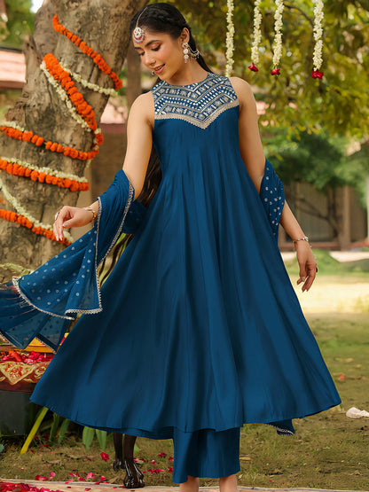 Janasya Women Teal Blue Chanderi Silk Embellished Anarkali Kurta Set With Dupatta