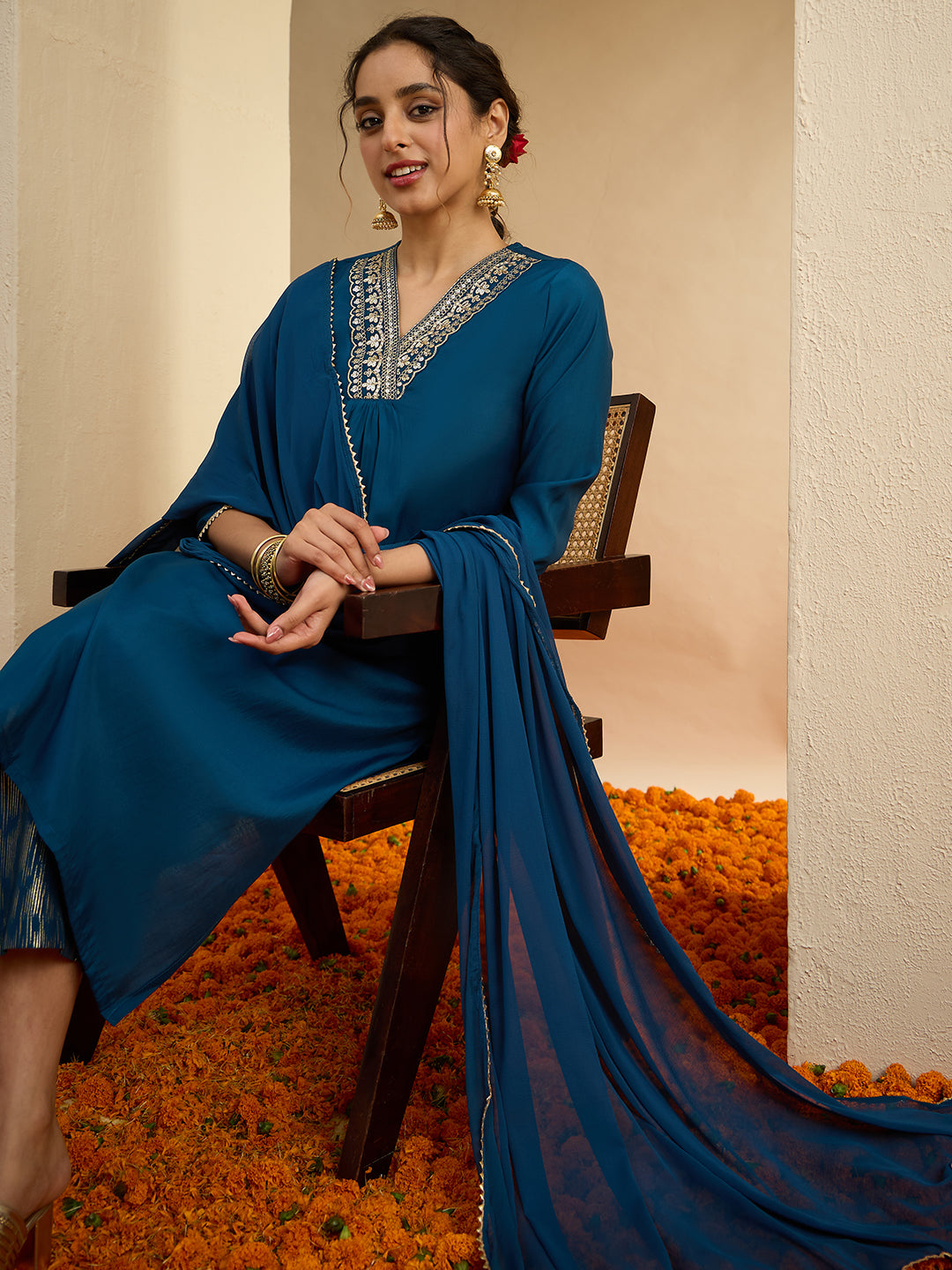 Janasya Women's Teal Blue Chanderi Silk Embellished Straight Kurta Set
