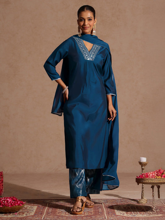 Janasya Women's Teal Blue Chanderi Silk Embellished Straight Kurta Set