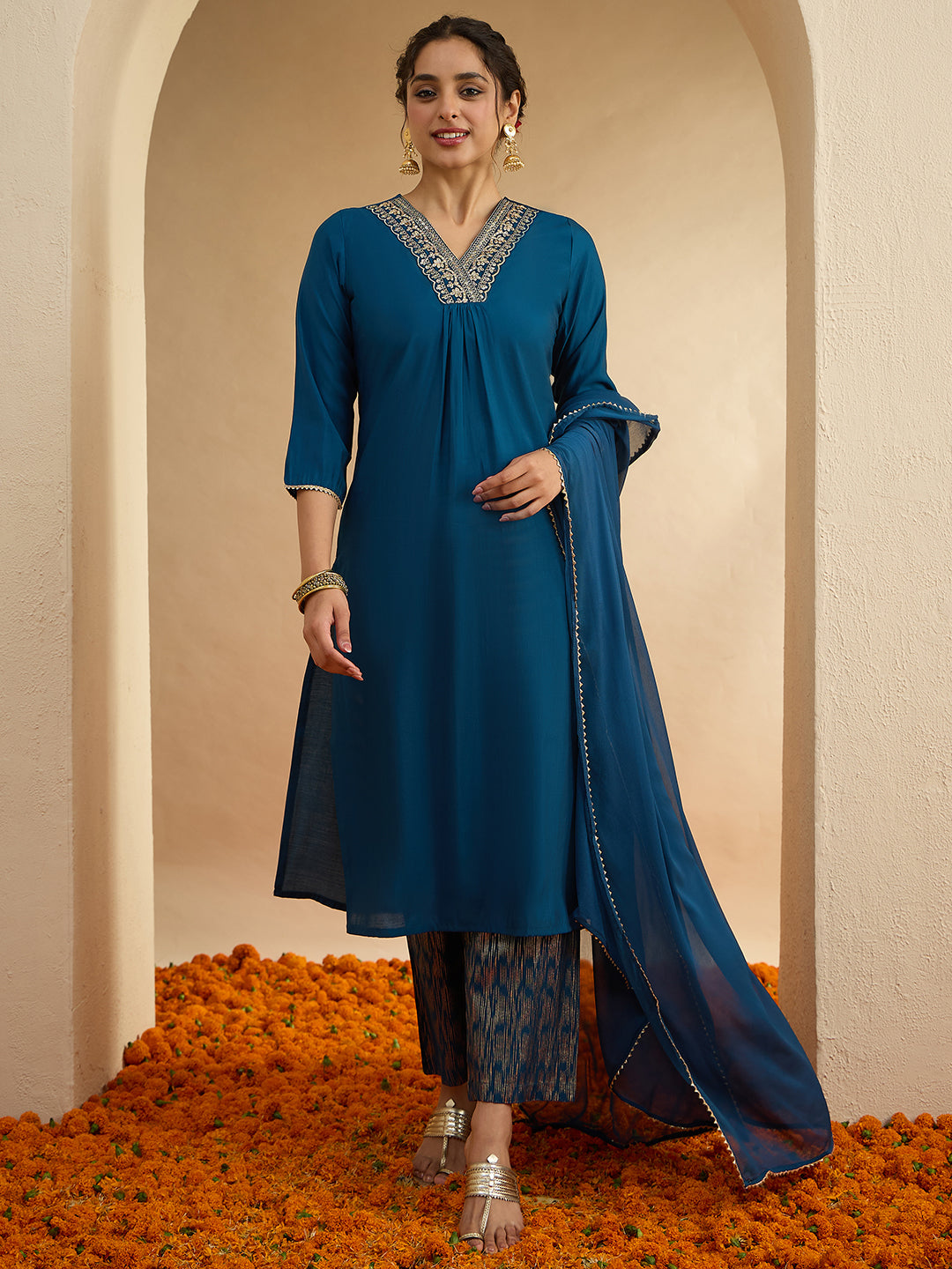 Janasya Women's Teal Blue Chanderi Silk Embellished Straight Kurta Set