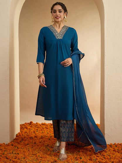 Janasya Women's Teal Blue Chanderi Silk Embellished Straight Kurta Set