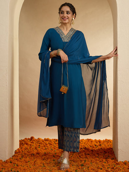 Janasya Women's Teal Blue Chanderi Silk Embellished Straight Kurta Set