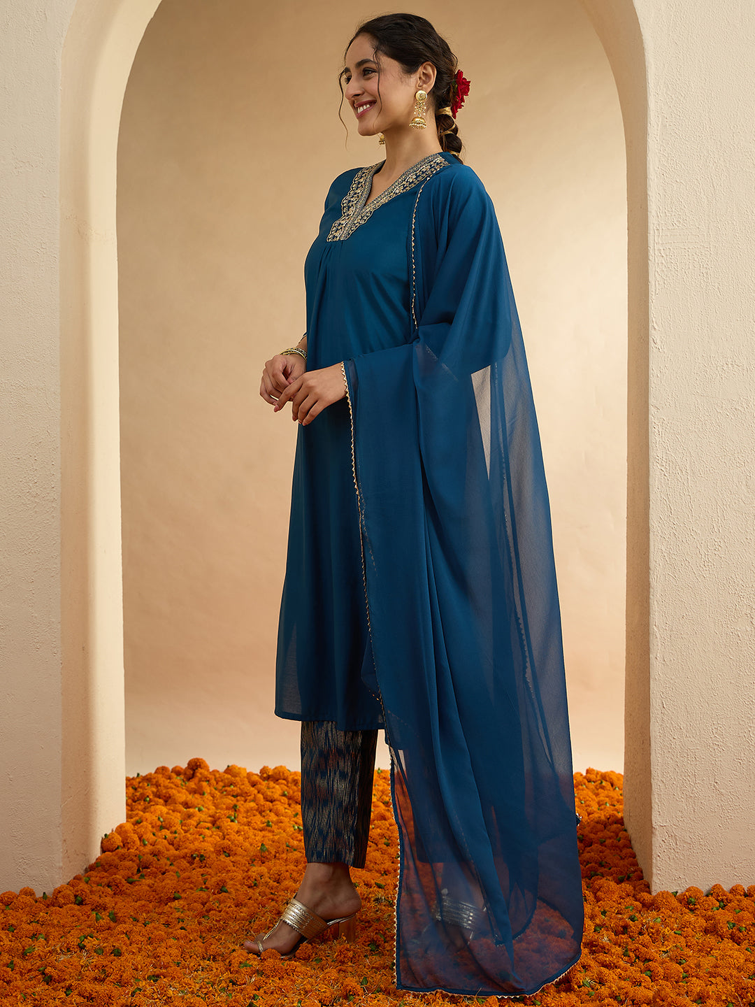 Janasya Women's Teal Blue Chanderi Silk Embellished Straight Kurta Set