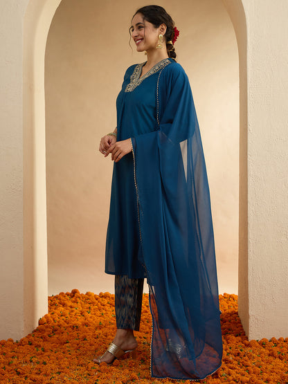 Janasya Women's Teal Blue Chanderi Silk Embellished Straight Kurta Set