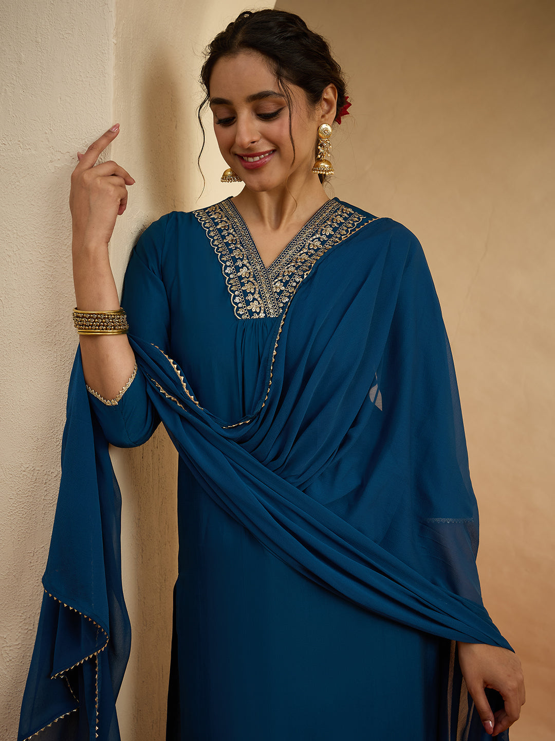 Janasya Women's Teal Blue Chanderi Silk Embellished Straight Kurta Set