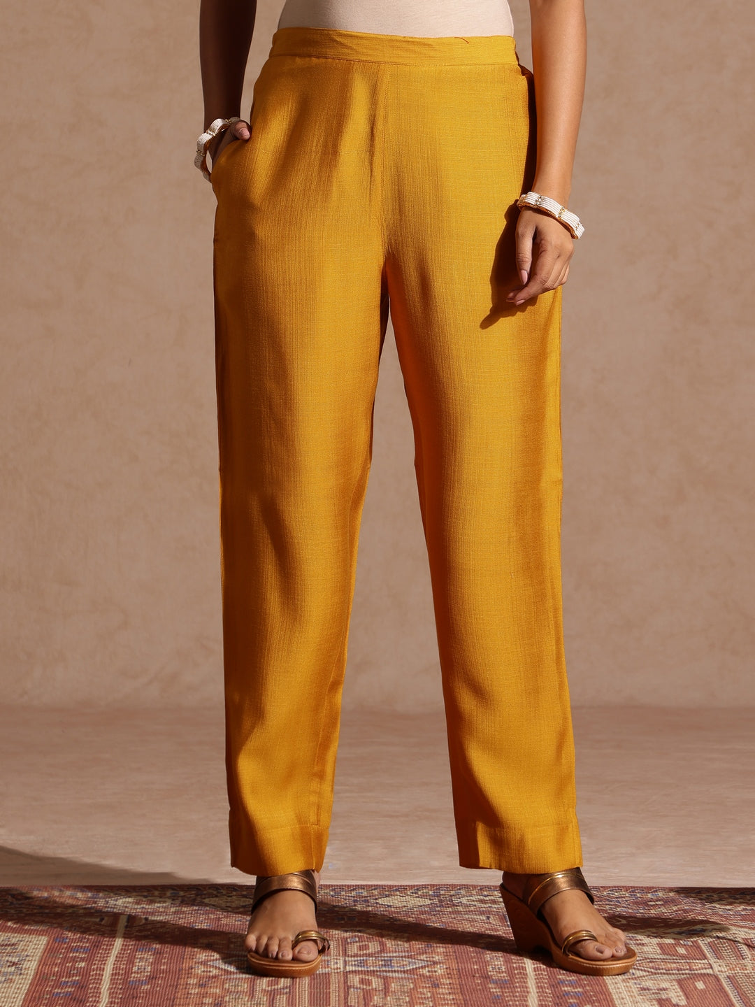 Janasya Women's Mustard Silk Blend Zari Yoke Embroidered Straight Kurta Set