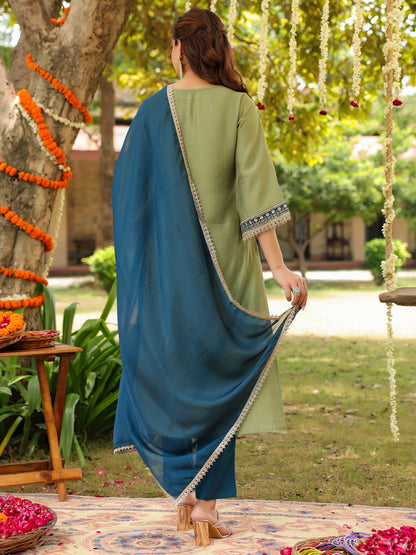 Janasya Women's Sage Green Silk Blend Zari Embroidered Straight Kurta Set