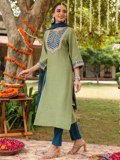 Janasya Women's Sage Green Silk Blend Zari Embroidered Straight Kurta Set