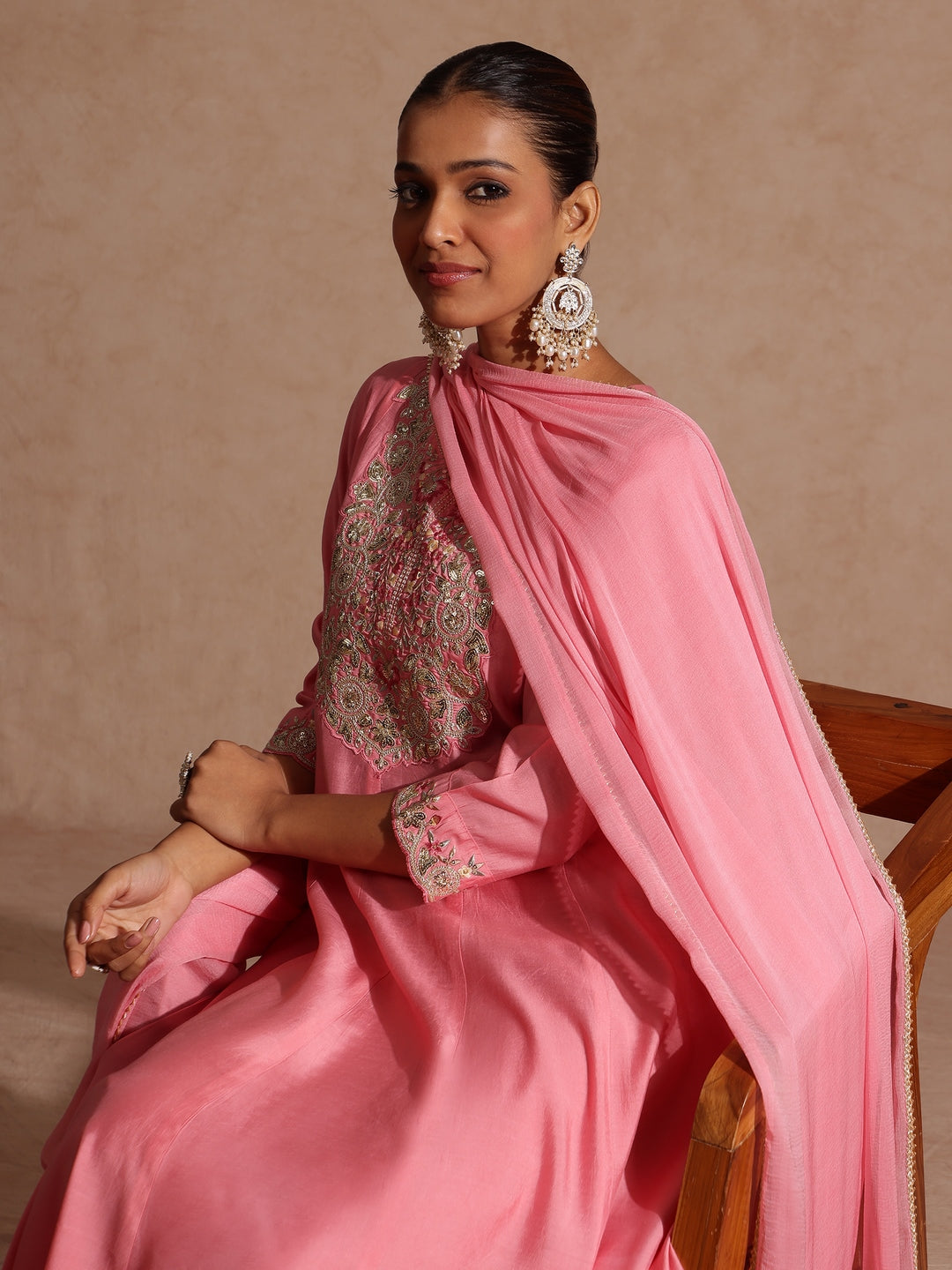 Janasya Women's Light Pink Chanderi Silk Zari Yoke Embroidered Anarkali Kurta Set