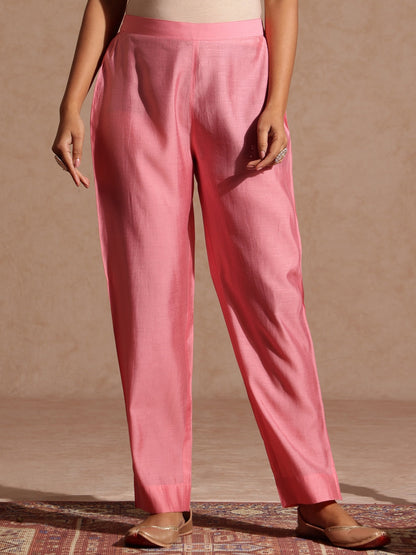 Janasya Women's Light Pink Chanderi Silk Zari Yoke Embroidered Anarkali Kurta Set