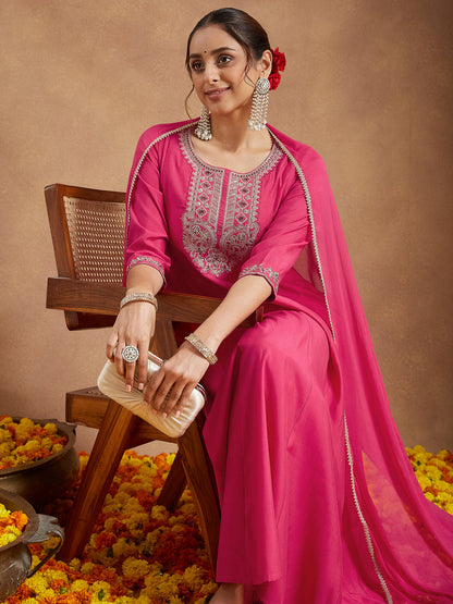Janasya Women's Pink Chanderi Silk Yoke Embroidered Anarkali Kurta Set