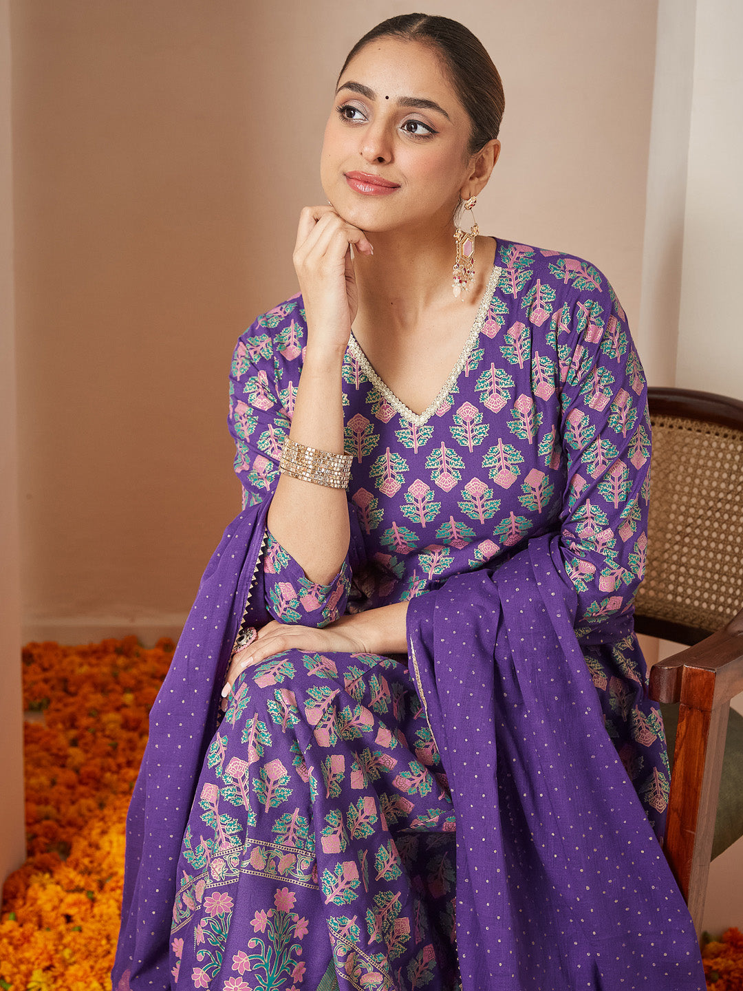 Janasya Women's Purple Rayon Ethnic Motifs Gold Printed Anarkali Kurta Set