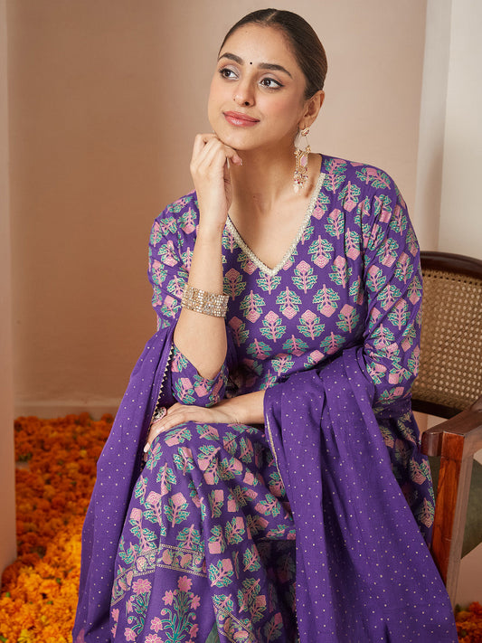 Janasya Women's Purple Rayon Ethnic Motifs Gold Printed Anarkali Kurta Set