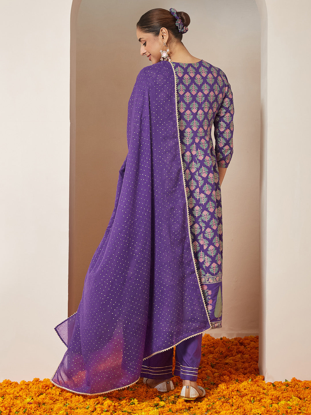 Janasya Women's Purple Rayon Ethnic Motifs Gold Printed Anarkali Kurta Set