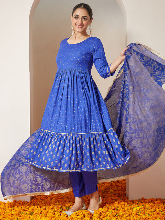 Janasya Women's Blue Pure Cotton Foil Printed A-line Kurta Set