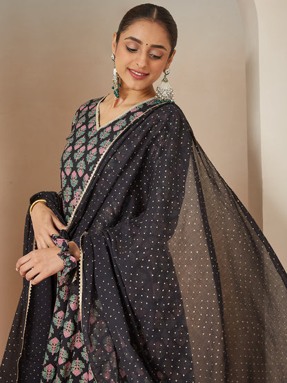 Janasya Women's Black Rayon Foil Printed Anarkali Kurta Set