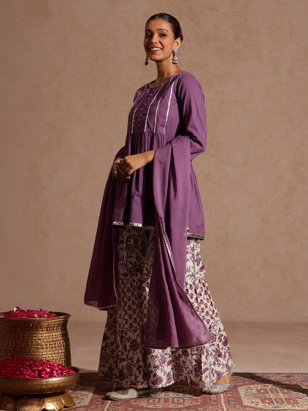 Janasya Women's Purple Pure Cotton Solid Peplum Top With Sharara & Dupatta Set