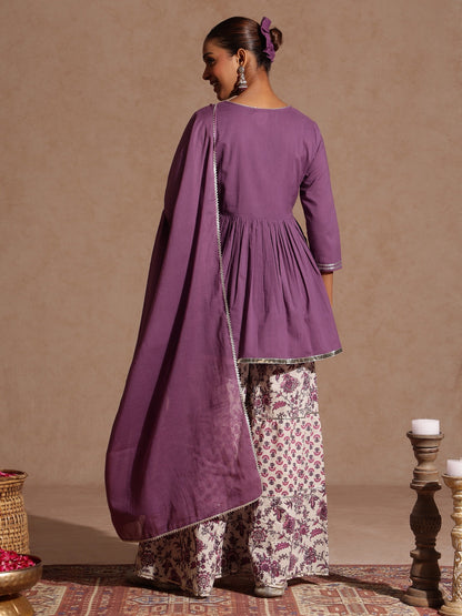 Janasya Women's Purple Pure Cotton Solid Peplum Top With Sharara & Dupatta Set