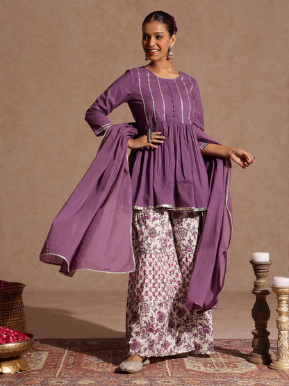 Janasya Women's Purple Pure Cotton Solid Peplum Top With Sharara & Dupatta Set