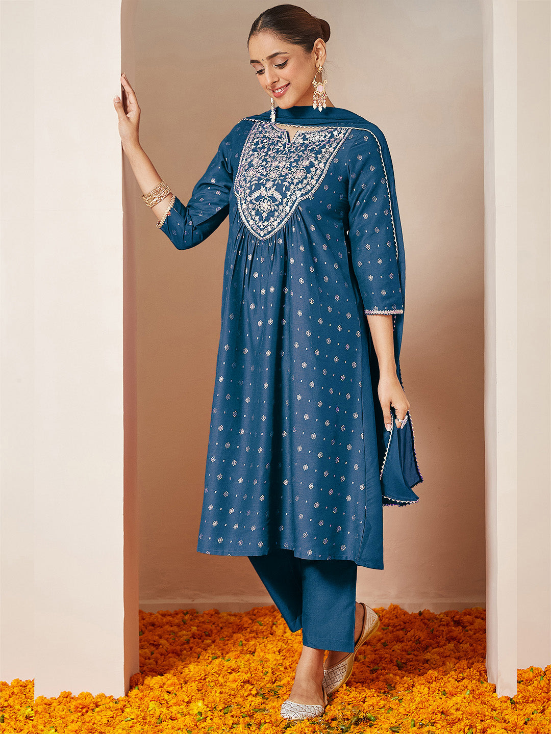 Janasya Women's Teal Blue Silk Blend Yoke Embroidered Gold Printed A-line Kurta Set With Dupatta