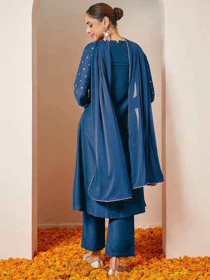 Janasya Women's Teal Blue Silk Blend Yoke Embroidered Gold Printed A-line Kurta Set With Dupatta