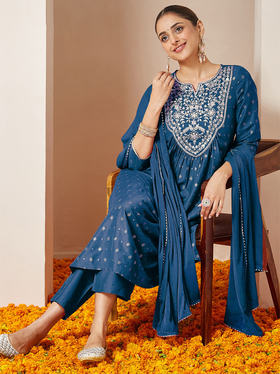 Janasya Women's Teal Blue Silk Blend Yoke Embroidered Gold Printed A-line Kurta Set With Dupatta