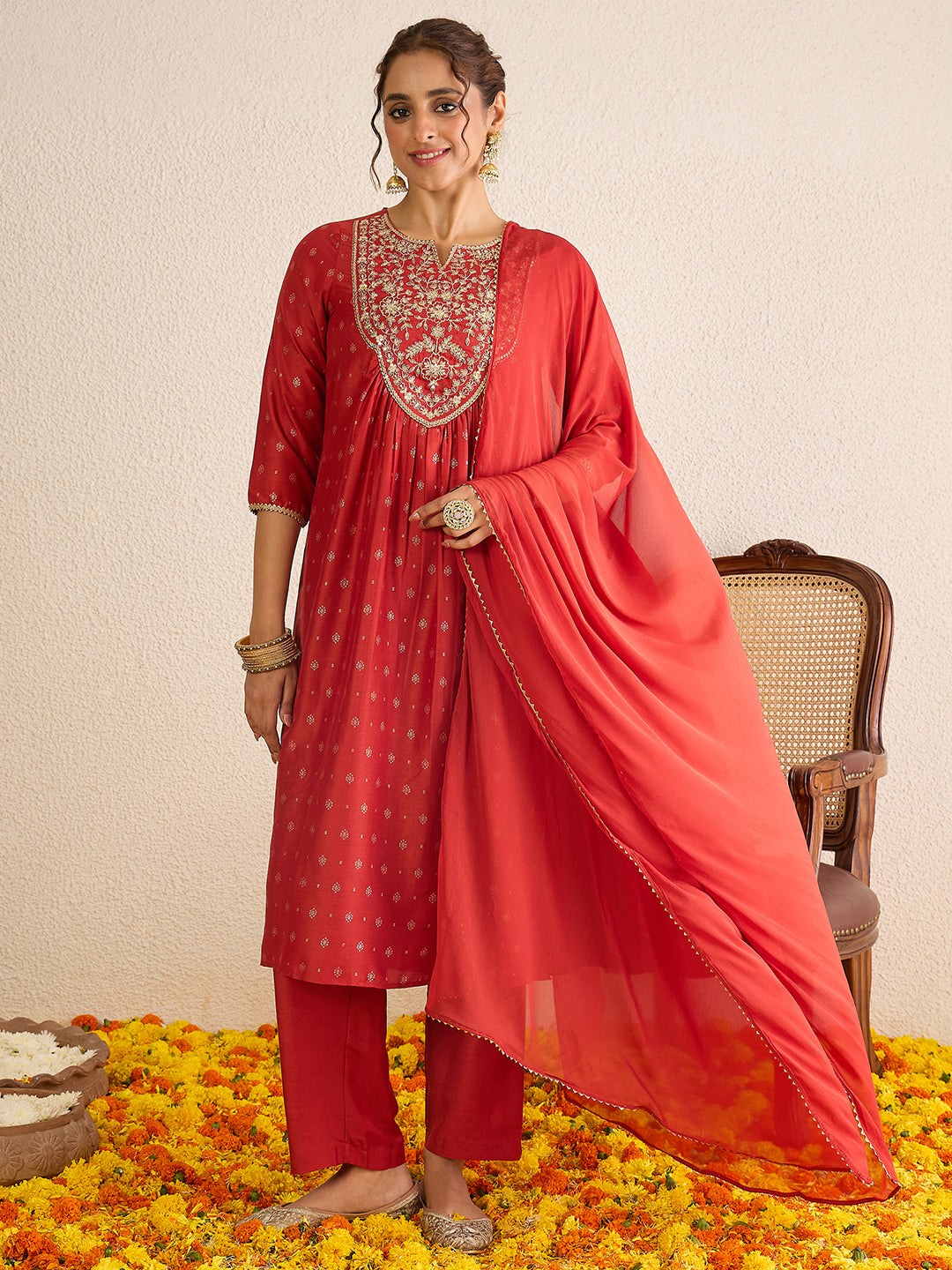 Janasya Women's Rust Silk Blend Zari Yoke Embroidered Gold Foil Printed A-line Kurta Set